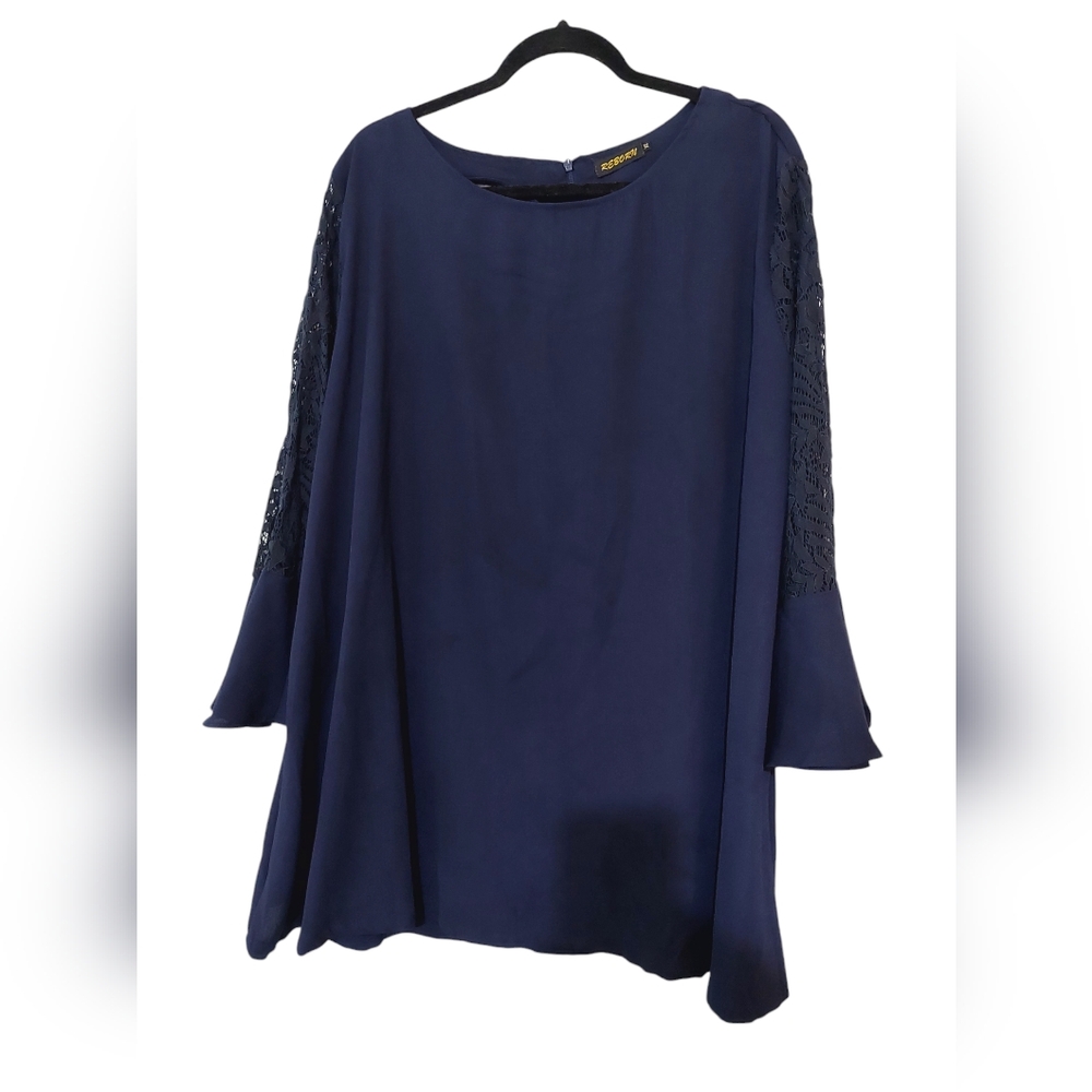 Reborn Plus Long Tunic Navy Blue Lace Bell Sleeves size 3x Modest Swing Top